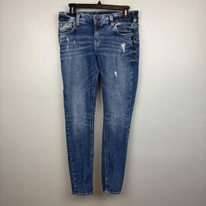 Silver Jeans Co Girlfriend Skinny Jeans Womens 29x29 Blue Distressed Stretch